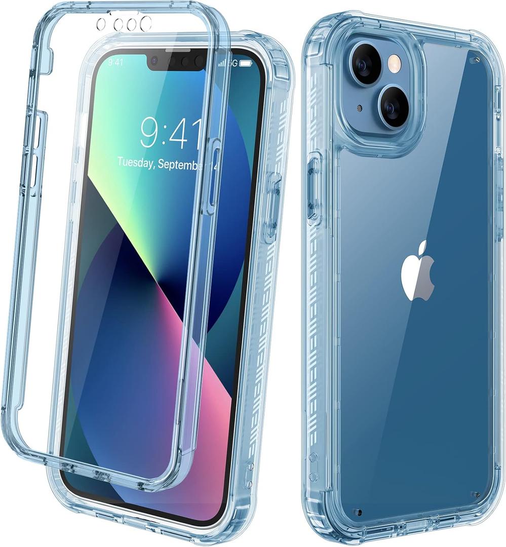 Diaclara Designed for iPhone 13 Case, Full Body Rugged with Built-in Touch Sensitive Anti-Scratch Screen Protector, Soft TPU Bumper Case for iPhone 13 6.1" (Clear Blue)
