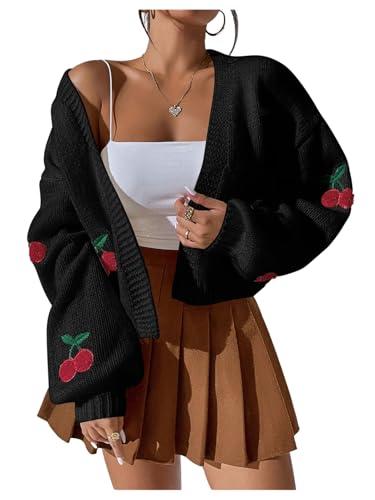 GORGLITTER Women's Cherry Cropped Cardigan Sweaters Open Front Long Sleeve Cute Chunky Knit Short Cardigan Trendy (Black Cherry, Small)