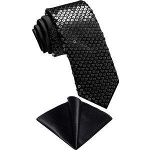 DiBanGu Mens Sequin Skinny Tie and Pocket Square Set,Shiny Solid Necktie Formal Satin Slim Ties for Party Wedding (Black)