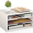 Ballucci File Organizer, 3-Tier Document Paper Sorter, Stackable Wood Desk Organizer, Mail Sorter and Monitor Stand with Storage Shelves, White