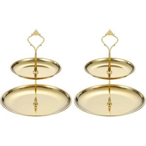 uxcell 2 Sets 2-Tier Cupcake Stand Holder, Round Tiered Serving Tray Stainless Steel Cup Cake Stand for Dessert Fruit Table Birthday Party Decoration Display, Gold