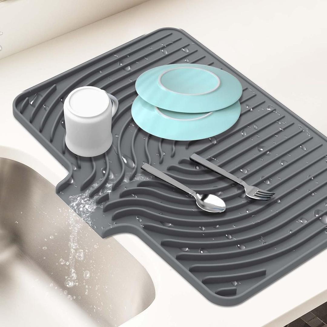 Dish Drying Mat for Kitchen Counter, with Built-in Drain Lip, Food-Grade Silicone, Easy Clean Pad for Countertop Protection, Multi-Functional Use (18x11.8, Grey) (Gray)