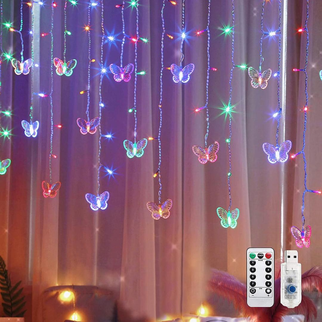 Butterfly Curtain Fairy String Lights, 120LED 8 Modes USB Powered Timer Firefly Twinkle Light with Romote, 14.7FT Copper Wire Hanging Decoration for Room, Wedding, Bedroom, Party, Christmas Decor (Multicolor)