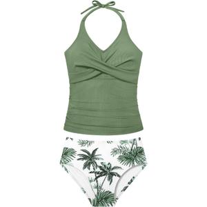 Girls Swimsuits 2 Piece Halterneck Bathing Suit Criss Cross Ruched Printed Tankini Swimwear Set for 9-16 Years