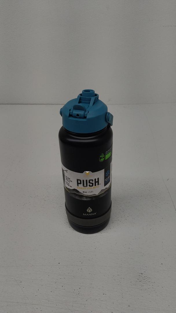 Manna Push Stainless Steel Bottle with Push-open Locking Lid and Sipping Spout - 40 Oz - Onyx Powder Coat