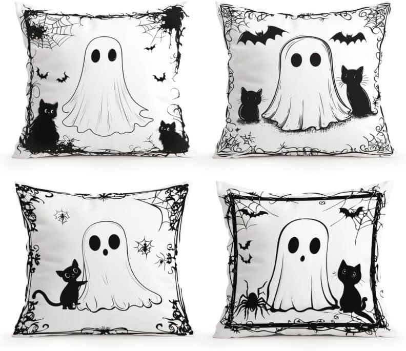 OBSEDE Fall Pillow Covers 18x18 Set of 4, Black Cat Cute Ghost Harvest Cushion Cases Inserts for Sofa Couch Bed Home Decor Thanksgiving Farmhouse Decorations, Single-Sided Print