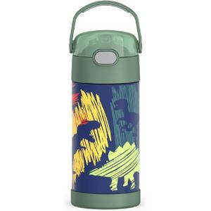 THERMOS FUNTAINER Water Bottle with Straw - 12 Ounce - Kids Stainless Steel Vacuum Insulated Water Bottle with Lid, Dinosaurs (12 Ounces)