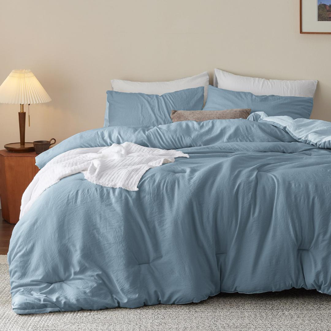 Bedsure Queen Size Comforter Set, Reversible Blue Soft Prewashed Bedding for All Seasons, 3 Pieces Warm Down Alternative Bed Set, 1 Lightweight Comforter (90"x90") and 2 Pillowcases (23"x29")