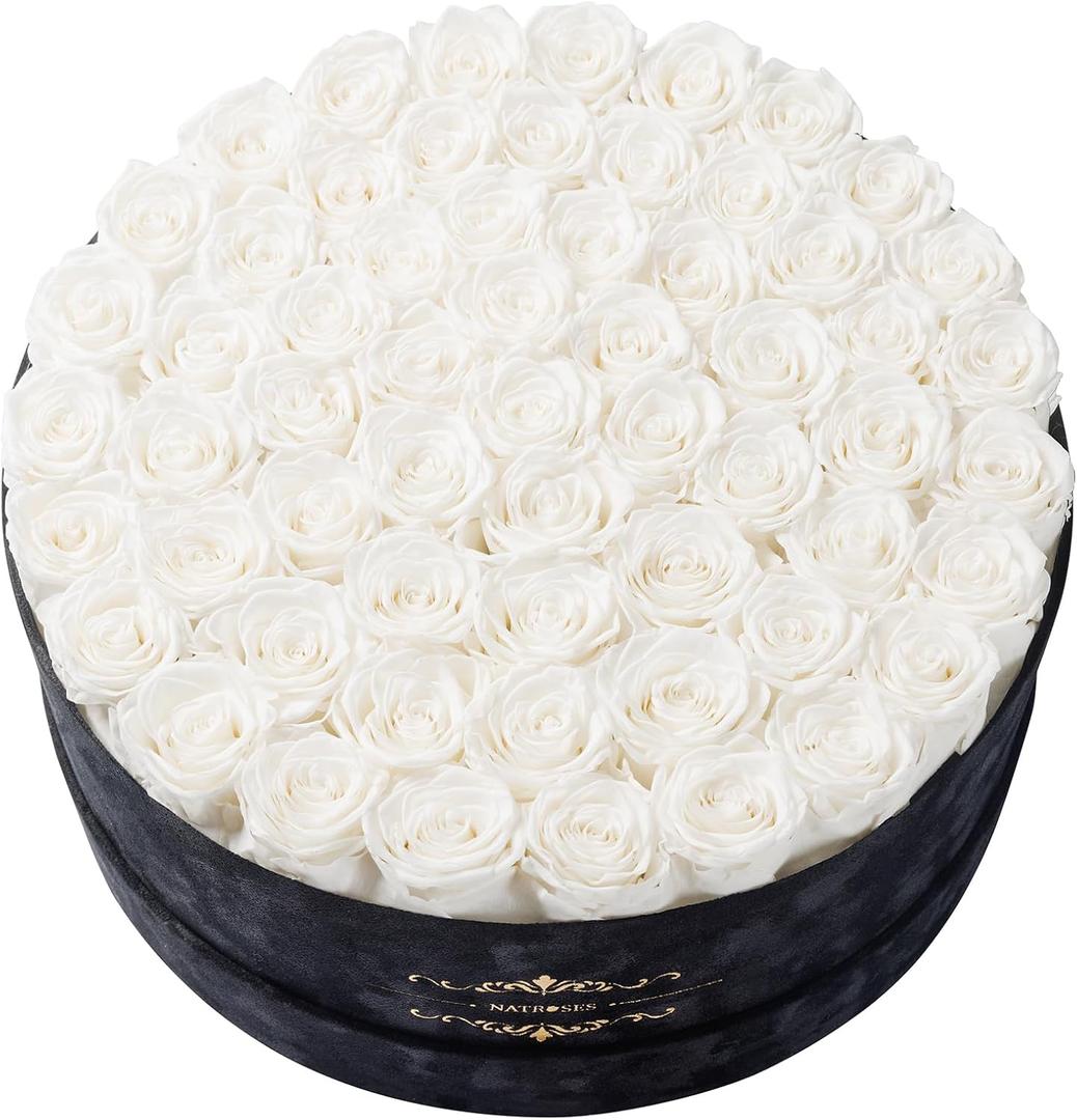 Gifts for Women NATROSES 60 Preserved Roses in Luxury Black Velvet Box, Preserved Flowers for Delivery Gift for Her, Elegant Rose for Birthday, Mothers Day, Christmas (White)