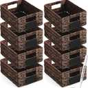 Nitial 8 Pcs Wicker Storage Basket, Rectangular Water Hyacinth Storage Basket for Shelving, Foldable Woven Pantry Organizer with Chalkboard Label and Chalk Marker (Dark Brown,12 x 9 x 5 Inch)