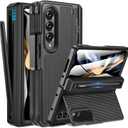 Caka for Samsung Galaxy Z Fold 4 Case [Thinner S Pen Holder] [Hidden Kickstand] [Hinge Protection] [Screen Protector] Full Body Hard Shockproof Phone Cover with Anti-Slip Textured for Fold4 - Black