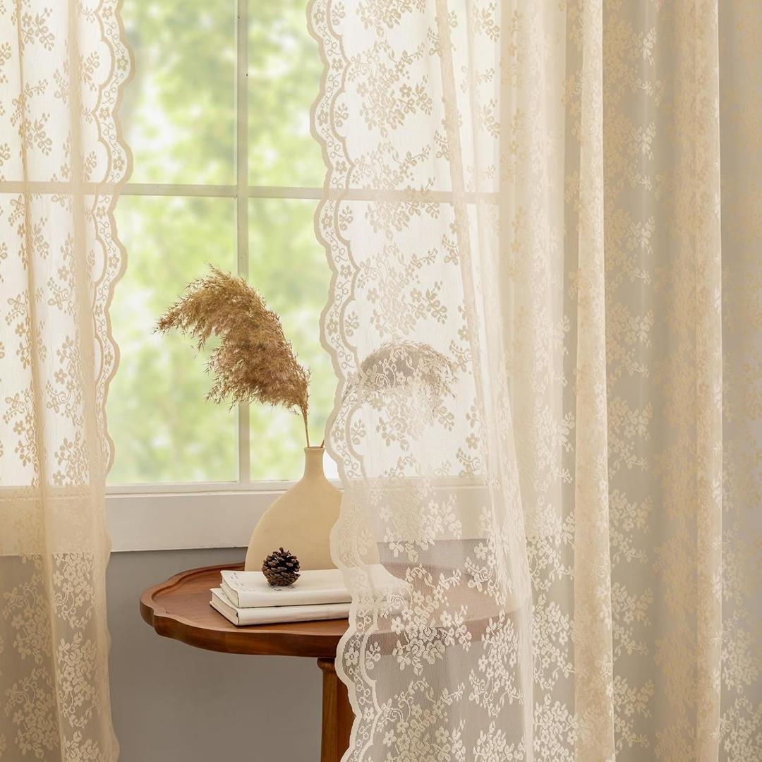 YJ YANJUN Beige Lace Curtains 72 inch Length Victorian Flower Voile Sheer Curtains Privacy Net Curtains for Dining Room Bathroom Bay Window Farmhouse Vintage Boho French Country Room Decor 52x72