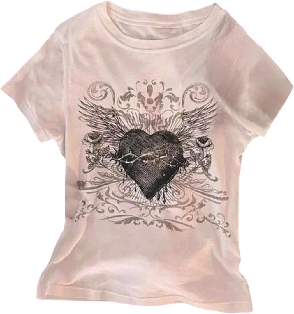 Women's Gothic Heart Graphic Tees Short Sleeve Crew Neck Slim Fit T Shirt Vintage Y2K Tops (Large)