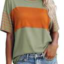 SHEWIN Womens Casual Short Sleeve Shirts Loose Crewneck Color Block Tshirts Tops (Small, B Light Green)