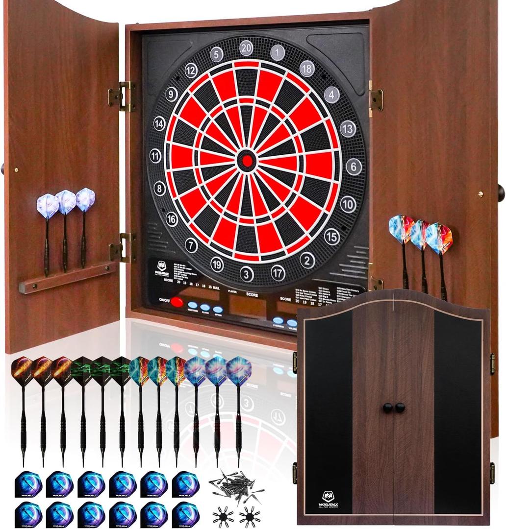 Electronic Dart Board LED Electric Digital Scoreboard Dart Boards for Adults with MDF Cabinet, up to 8 Players, 34 Games,355 Variations - 12 Soft Tip Darts & 100 Replacement tips - Great for Game Room