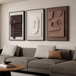 Large 3D Textured Framed Neutral Abstract Wall Art for Living Room, 3 Piece Modern Artwork for Walls, Minimalist White and Brown Geometric Wall Paintings for Hallway, Stair, Office Wall Decor 24x36 In (Bold Reliefs)