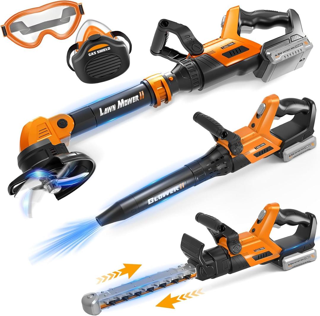 3-IN-1 Kids Garden Tools with Lights and Sounds, Weed Wacker Toy, Leaf Blower Toy, and Hedge Trimmer, Yard Tools Outdoor toys for Boys Pretend Role Play, Christmas Birthday Gifts for Kids 3-8+