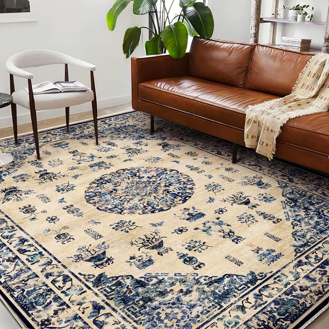Washable Area Rug 10'x14' Boho Design Non-Shedding Easy Care Ideal for High Traffic Areas in Living Room Bedroom Office Coffee Table Kitchen Large Carpet (Ethnic Blue)