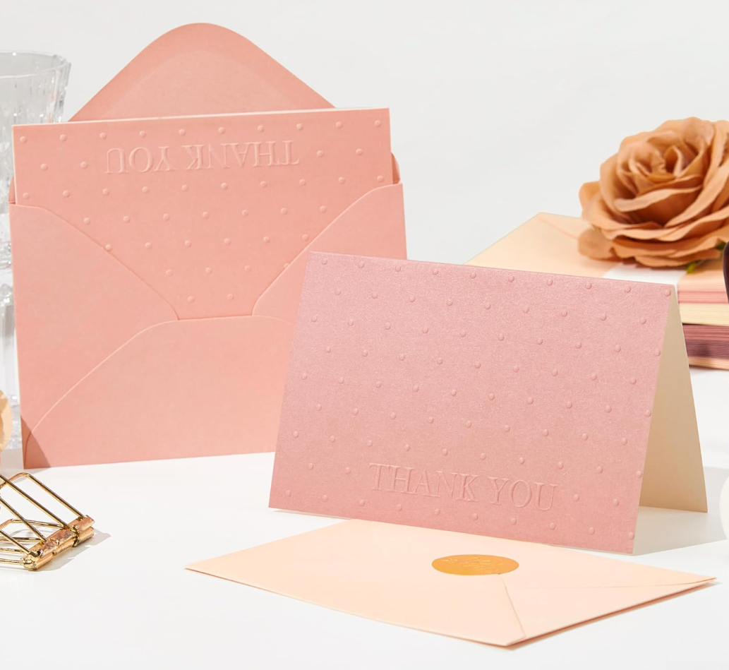 Crisky Embossed Thank You Cards (50 Pack) with Envelopes & Stickers Thank You Greeting Notes Bulk for Birthday, Baby Shower, Bridal Shower, Wedding, Graduation (Rose)