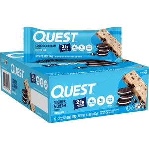 Quest Nutrition Cookies & Cream Protein Bars, 21g Protein, 1g Sugar, 4g Net Carb, High Fiber, Gluten Free, Keto Friendly, 12 Count (EXP 03/05/26)