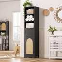 67"H Bathroom Storage Cabinet with Rattan Doors and Slide Storage, Tall Narrow Standing Tower Cabinet with Adjustable Shelves, Small Bathroom Floor Organizer for Entryway, Kitchen, Black (11.4"D x 15.4"W x 67"H)