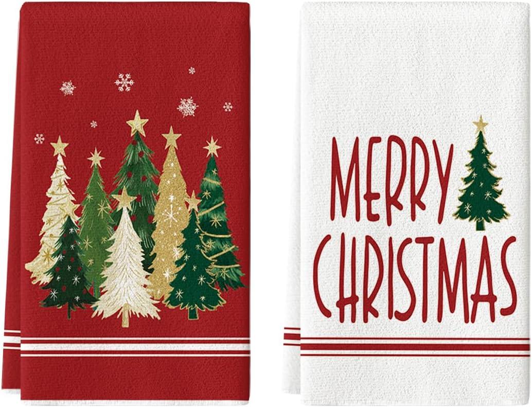 Artoid Mode Red Xmas Tree Merry Christmas Kitchen Towels Dish Towels, 18x26 Inch Farmhouse Star Snowflakes Decoration Cleaning Set of 2