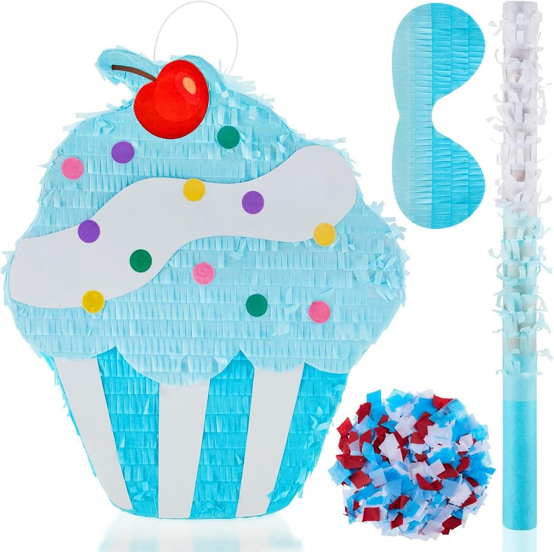 Cupcake Piata for Birthday Party Blue Girls Piata with Stick Blindfold Confetti Large Ice Cream Piatas for Kids Baby Shower Wedding Party Supplies Decor, Blue