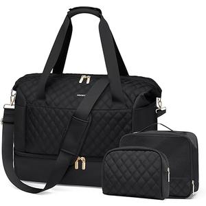 Travel Duffel Bag for Women Weekender Overnight Carry on Tote Duffle Bag Personal Item Bag with Shoe Compartment for Business,Trips,Travel,Sports,Gym,Yoga,Hospital, 3 Pcs Set, 43L,Black