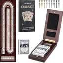 Cribbage Board Game Set - Wooden Foldable 3-Track Board with Magnetic Closure, 9 Metal Pegs, Playing Cards, Portable Family Travel Game for Gatherings and Gifts