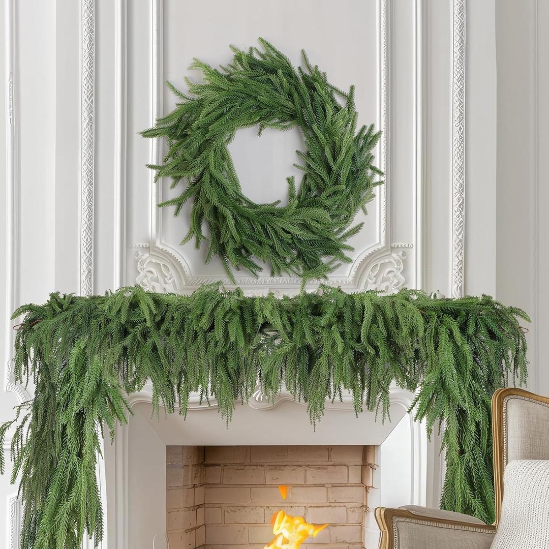 4 Pack Christmas Norfolk Pine Garlands 9FT, Real Touch Artificial Greenery Garland  Full Evergreen Pine Garland for Mantle, Fireplace, Table, Wall, Stairs & Outdoor Holiday Dcor