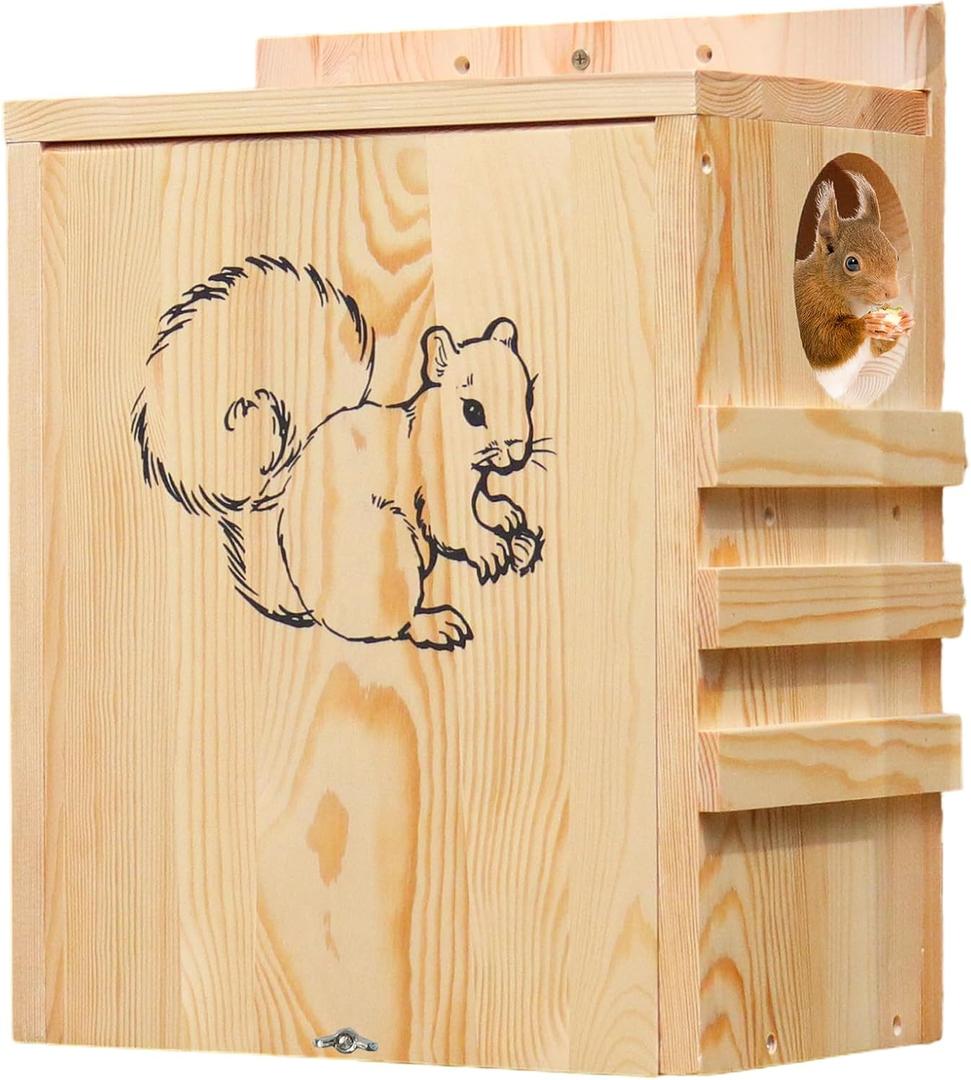 Wooden Squirrel House for Outside, Large Nesting Box for Squirrels, Chipmunks and Small Animals