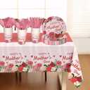 Childom Mothers Day Decorations for Party,132 Pcs Disposable Mothers Day Plates Tablecloth Cups Knives Spoons Forks for Party Supplies,Plates Tableware for Moms Birthday,Home,Brunch,Dinner,Serves 26