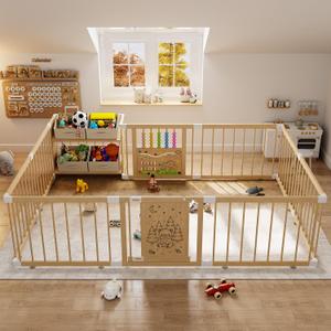 IKALIFE Large Wooden Baby Storage Playpen - Adjustable Play Yard for Babies and Toddlers, Baby Fence Activity Center with Locking Gate, 4 Toy Storage Cases Portable Play Pen 9+3 Panels 47.24”×70.86”