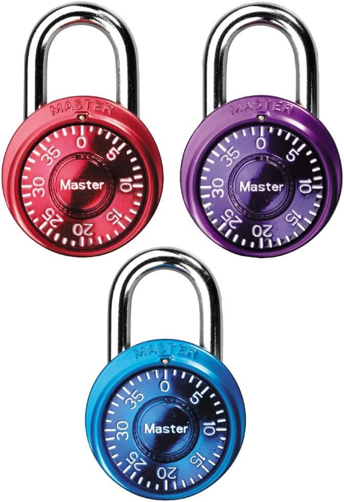 Master Lock Padlock, Mini Dial Combination Lock for Gym or School Lockers, Small Lock is 1-9/16 Inches Wide, Color Assortment Pack, (Pack of 3), 1533TRI