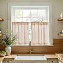 jinchan Katy Linen Floral Kitchen Curtains 24 Inches Length Stripe Cafe Curtains Farmhouse Cottagecore Tier Small Window Drapes for Living Room Light Filtering Rod Pocket 2 Panels Terracotta on Linen