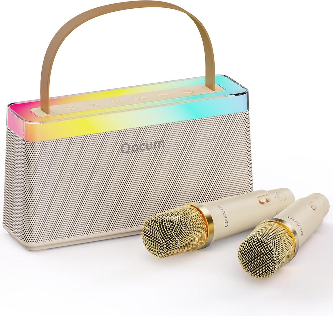 Karaoke Machine for Kids, Mini Karaoke Machine with 2 Wireless Microphones, Dual Speakers, RGB Dance Light, Voice Changer, TWS Mode, Perfect as Birthday Toy Gift for Kids Aged 4-12(Brown)