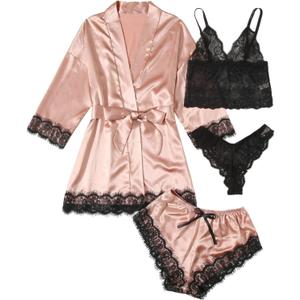 WDIRARA Women' Silk Satin Pajamas Set 4pcs Lingerie Floral Lace Cami Sleepwear with Robe (Large, Baby Pink)