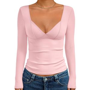 Trendy Queen Going Out Tops for Women Trendy Long Sleeve Shirts Fashion Clothing V Neck Basic Y2K Clothes Cute Shirt Corset (X-Large, Pink)