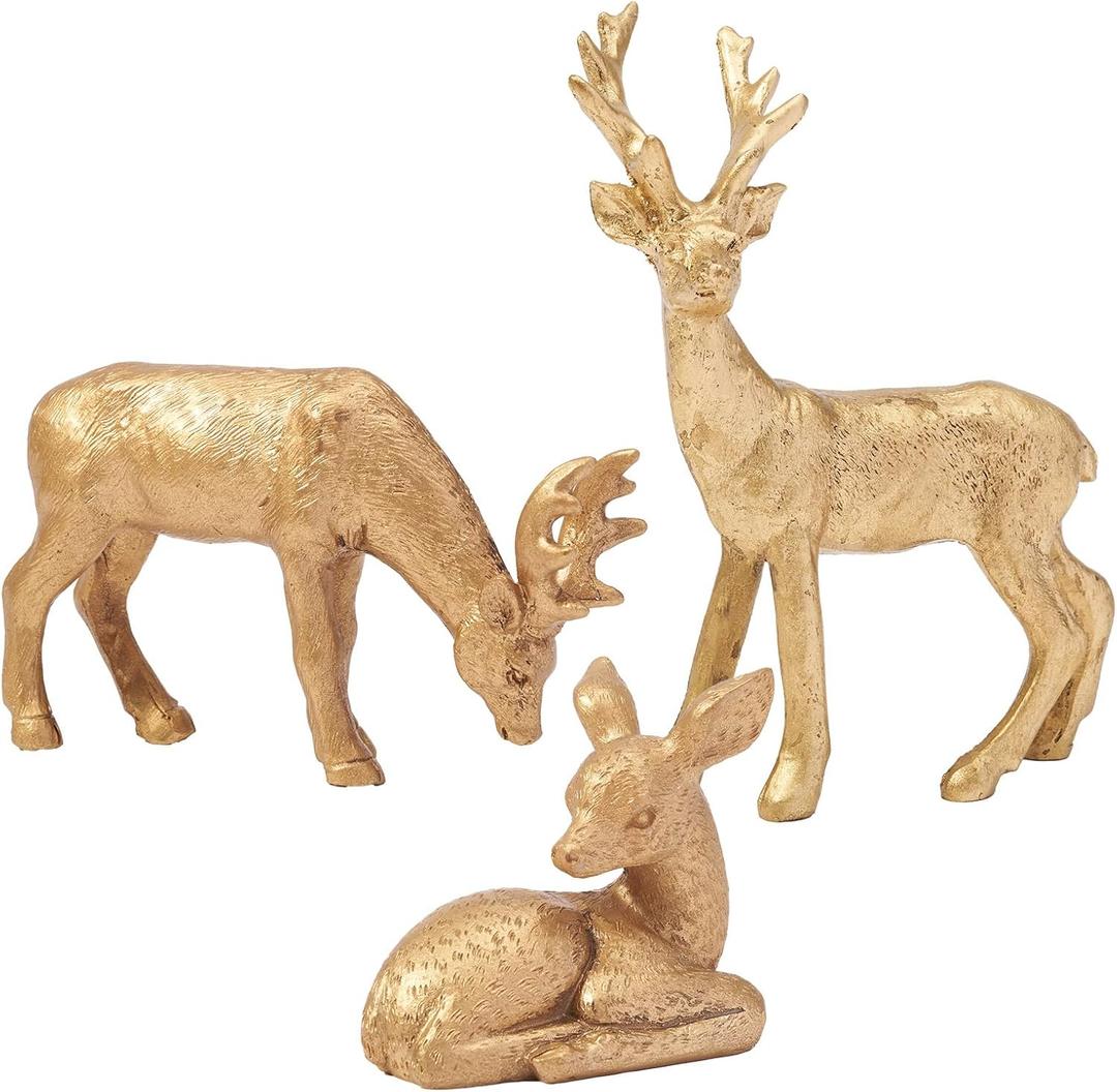 DN DECONATION Reindeer Christmas Decoration Figurines  Vintage Gold Christmas Deer Statue with Faux Fur Texture  Resin Reindeer Christmas Decor for Table Centerpieces, Mantle & Indoor Decor - 3pcs (Set of 3)