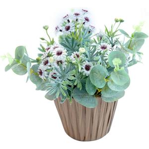 Faux White Flowers Potted Plants 9" Fake Daisy Outdoor Plants with Faux Eucalyptus Hangfing Frosted White Leaves in Drab Yellow Plastic Planter for Window Home Garden Decorations