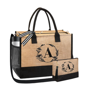 BeeGreen Initial Canvas/Jute Tote Bag Personalized Bag for Wedding, Birthday, Beach, Gift for Women, Mom, Teacher,Friend