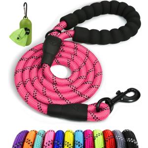 Taglory Rope Dog Leash 4 FT with Comfortable Padded Handle, Highly Reflective Threads Leash and Anti-Tangle Clip for Walking Medium Large Dogs, 1/2 inch, Pink