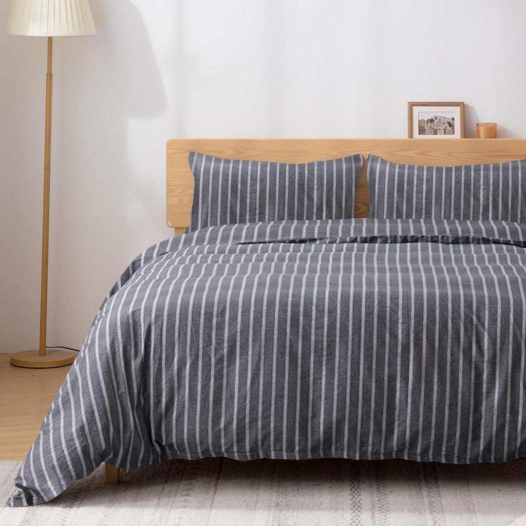 TOCOMOA Striped Duvet Cover Set 100% Natural Cotton Soft Comfy Breathable 3 Piece Grey and White Pattern Printed Comforter Cover Bedding Set (King 104"x90", Comforter Not Included)