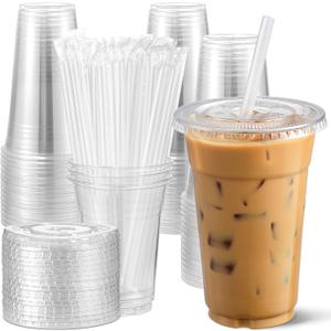 AOZITA [100 Sets 12 oz Clear Plastic Cups With Lids and Straws, Disposable Cups With Lids for Iced Coffee, Smoothie, Milkshake and Cold Drinks.