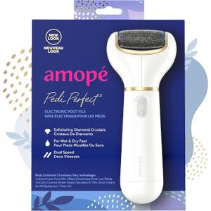 Amop Pedi Perfect Electric Callus Remover Foot File w/ Diamond Crystals, Pedicure Tool for Feet, Removes Hard & Dead Skin, Feet Scrubber & Buffer, Splashproof, w/ Extra Coarse Roller Head, 1 Count, White