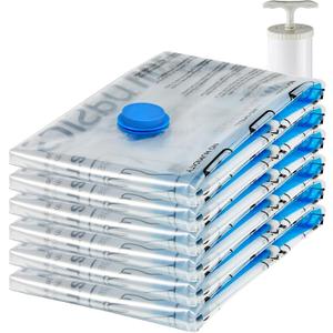 Amazon Basics Vacuum Storage Bags for Clothes, Space Saving Compression Storage Bags with Hand Pump, Heavy Duty, Stackable, Jumbo Size, Clear, 6-Pack