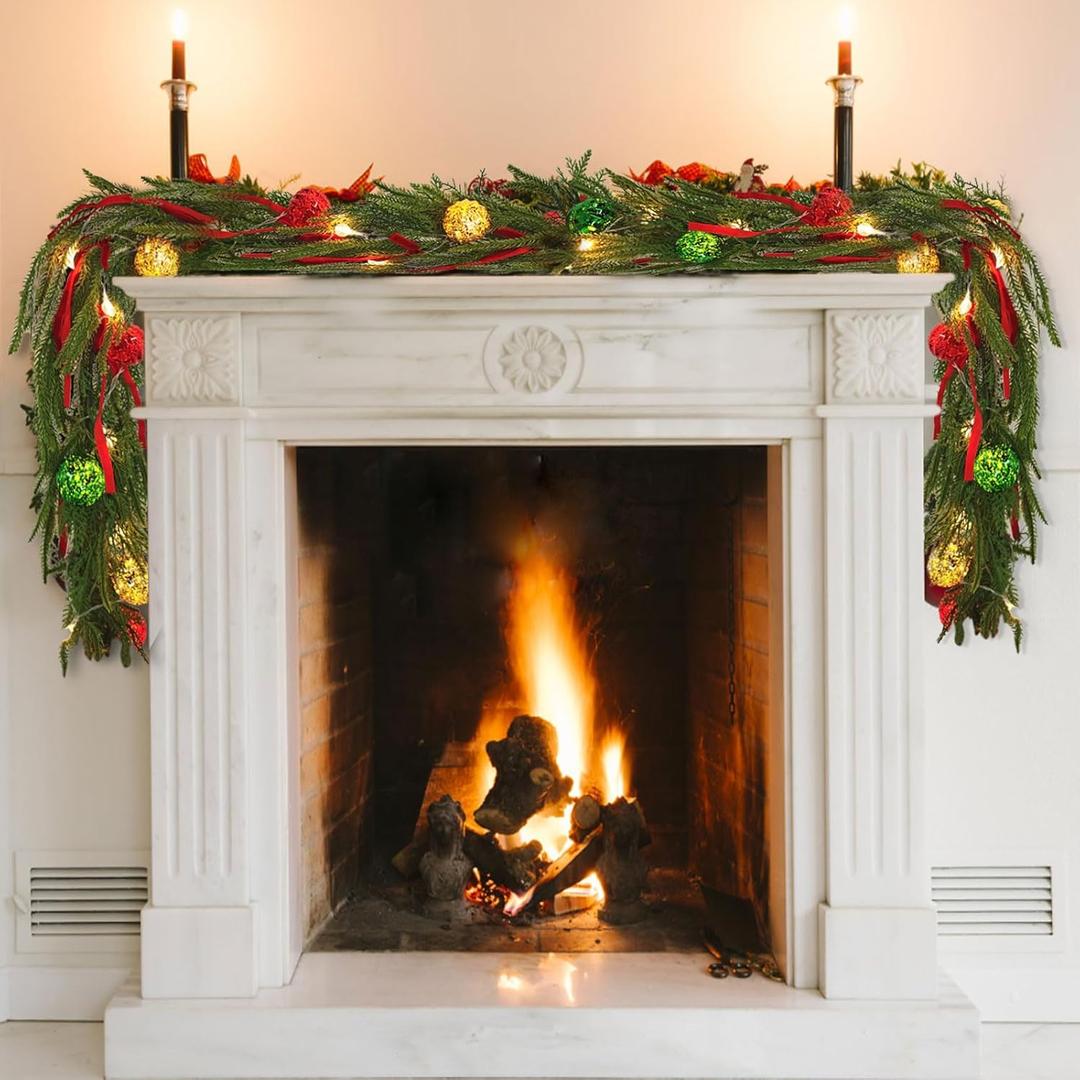 Christmas Garland for Mantle with Lights, 6 Ft Norfolk Pine Garland with 9 Christmas Bows and 2 LED Strings, Prelit Garland for Decoration Christmas, Table, Stairs, Indoor, Outdoor Decor