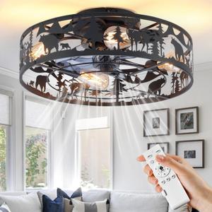 Farmhouse Rustic Ceiling Fan with Light - Bear Deer Design, 6 Speeds Black Caged Fan Lights Ceiling Fixtures and Remote Control for Living Room, Bedroom, Hallway, Entryway Lighting