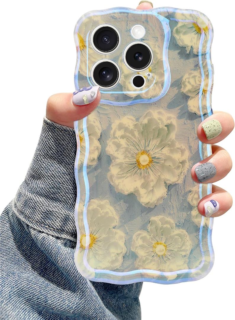 Jusy Compatible with iPhone 13 Pro, Colorful Retro Oil Painting Printed Flower Laser Glossy Pattern Cute Curly Wave Phone Case Soft TPU Cover for Girly Women -Light Blue