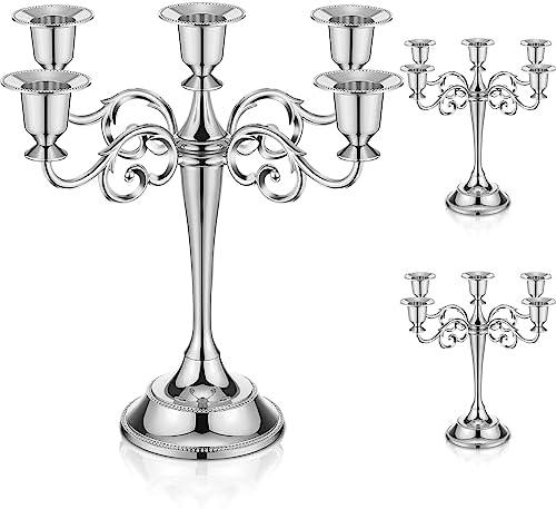 Dandat 1 Pcs 5 Arm Metal Candelabra Candlestick Holders 10.24 Inch Tall Candlestick Holders Gothic Candle Holder for Home Wedding Church Halloween Party(Silver)